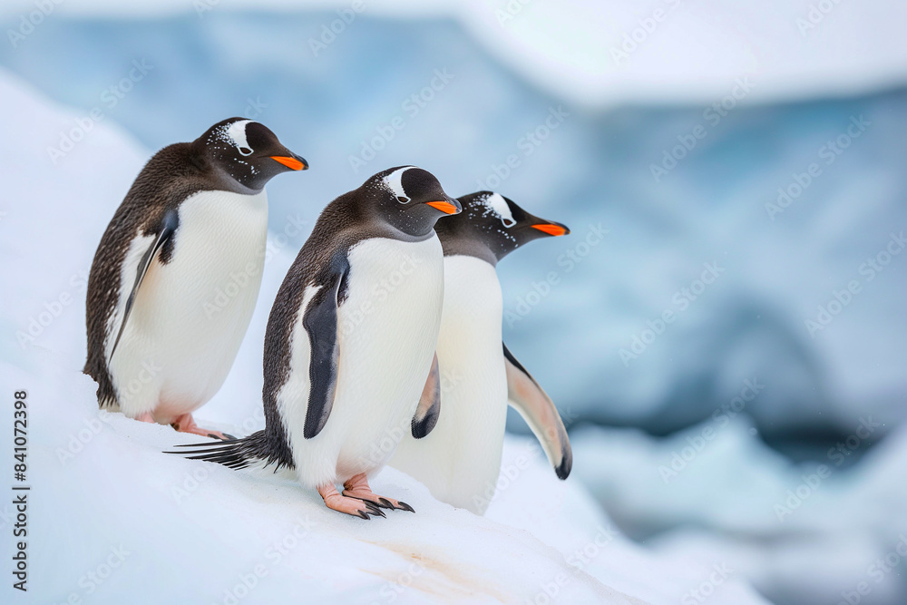 Obraz premium Three penguins standing on a snowy hill