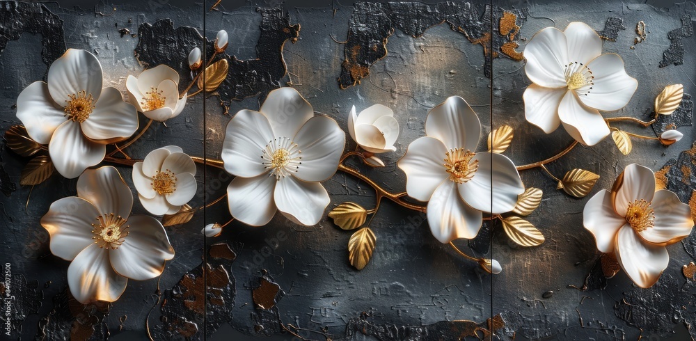 Fototapeta premium 3d abstract relief painting of white flowers on textured background, three panels for home decoration