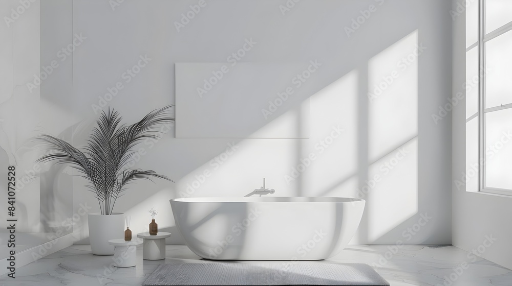 Fototapeta premium Luxurious Minimalist Bathroom Oasis with Bathtub and Natural Lighting