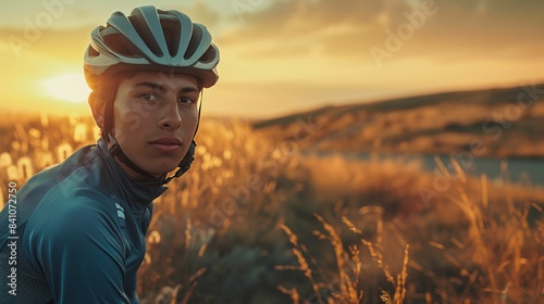Young Hispanic male cyclist at sunset, portrait with helmet, focused expression, golden hour light, serene outdoor scene
