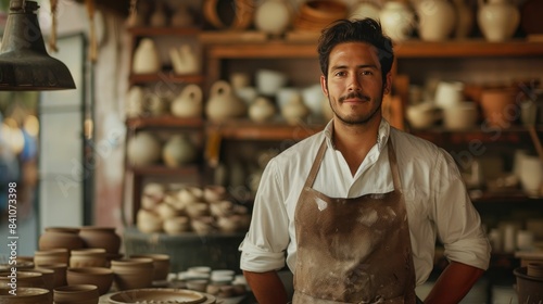 **Handsome Hispanic Male Potter in Artisan Workshop, Surrounded by Ceramic Pots and Shelves Full of Pottery** 