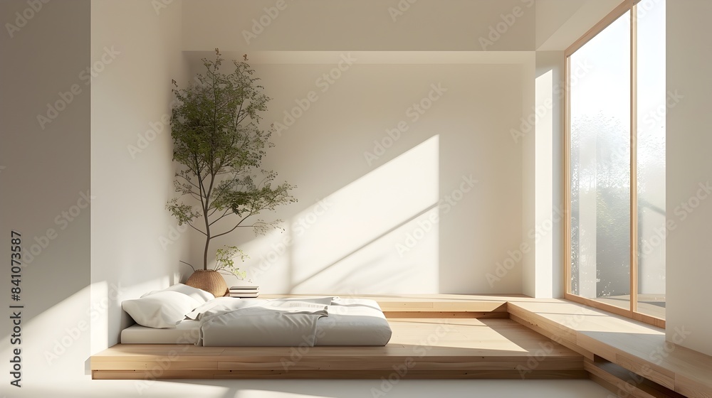 Fototapeta premium Minimalist and Cozy Wooden Bedroom with Natural Lighting and Clean Interior Design