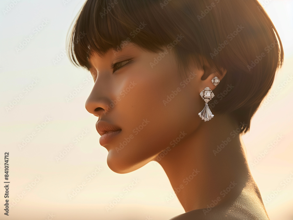 jewelry lookbook, side profile japanese model with short bob, her shoulders are relaxed, her ears are adorned with eye-catching diamond earring, neutral beige background. jewelry lookbook, side profile japanese model with short bob, her shoulders are relaxed, her ears are adorned with eye-catching diamond earring, neutral beige background.
