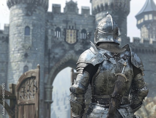 A brave knight stands guard at the castle gate, his armor gleaming in the sun. He is ready to defend his home from any threat.
