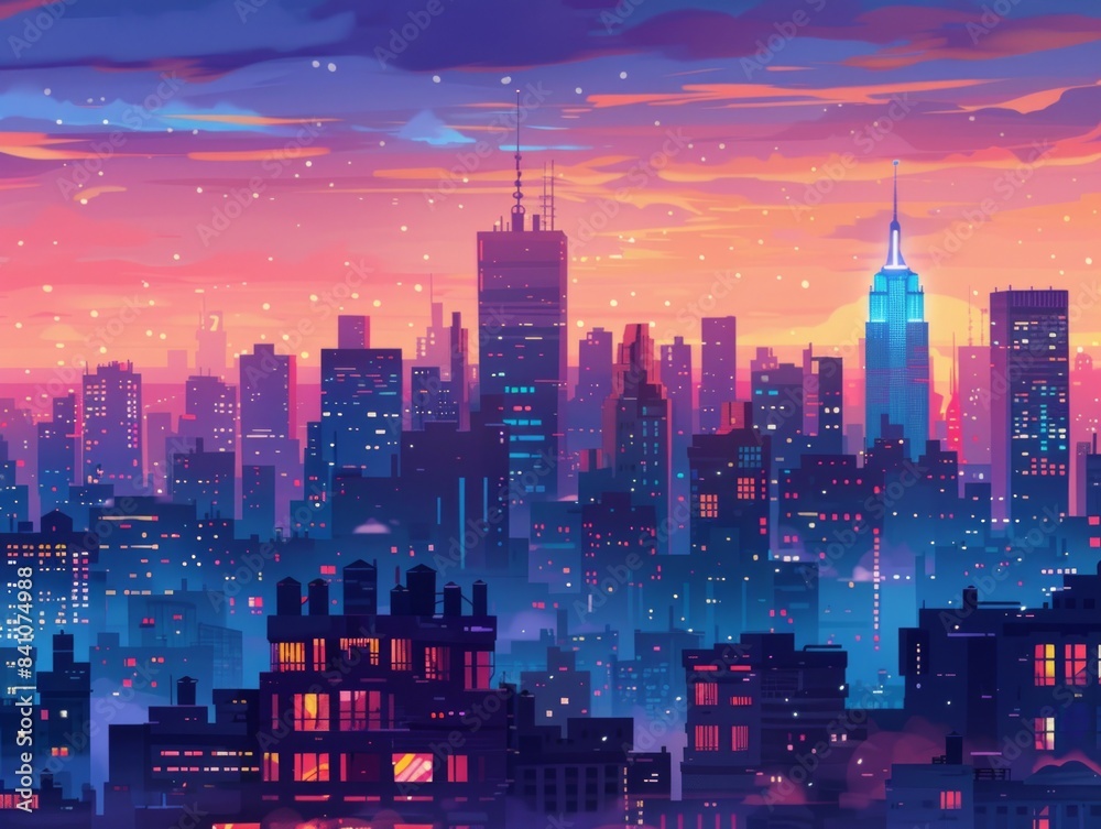 Obraz premium A beautiful sunset over a city. The sky is a gradient of purple, pink, and blue, and the city is a silhouette of dark buildings.