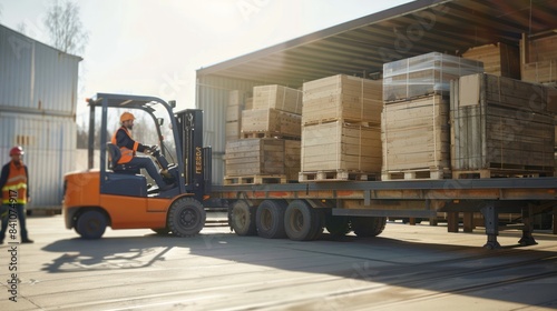 Freight forwarding industry. Heavy equipment forklift unloads pallets goods in a warehouse.