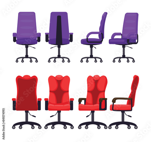 Set of office chair with different view or angle front and back, empty work stool with wheels modern armchair, interior furniture, hiring concept isolated on white background, vector illustration.