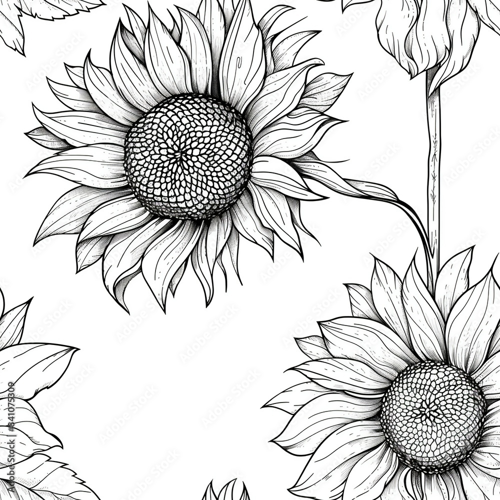 Fototapeta premium A detailed line drawing of a sunflower with its large, round bloom and numerous tiny seeds in the center, accompanied by its broad leaves and sturdy stem. Minimal pattern banner wallpaper, simple