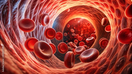 Vibrant red blood cells flow through a 3d rendered artery vessel, illustrating the circulatory system's vital role in transporting oxygen-rich haemoglobin throughout the human body. photo