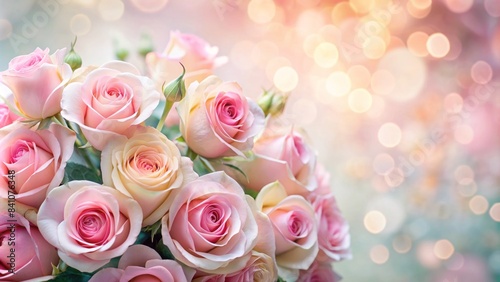 Soft, delicate pastel hues background featuring a stunning bouquet of pink roses, carefully arranged to create a beautiful, elegant composition for various occasions.