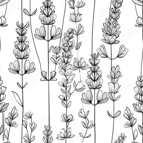 A line art depiction of a bunch of lavender flowers, with slender stems and tiny, clustered blooms, drawn to evoke a sense of calm. Minimal pattern banner wallpaper, simple background, Seamless, photo