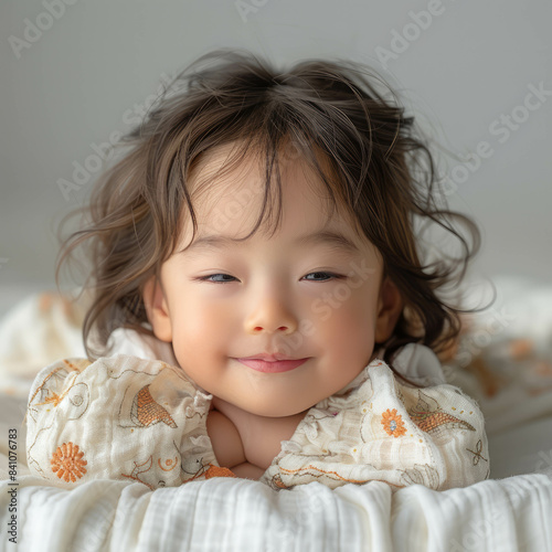 An adorable chinesebaby sleeping on a whitebackground, captured in a cute IDphoto. This YearoftheDragon portraitphotography showcases the infant's peaceful expression, created using AI generative. photo