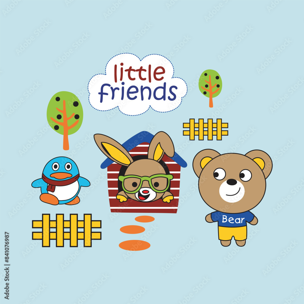 Fototapeta premium the bear and his little friend are playing in the park,design cartoon vector illustration