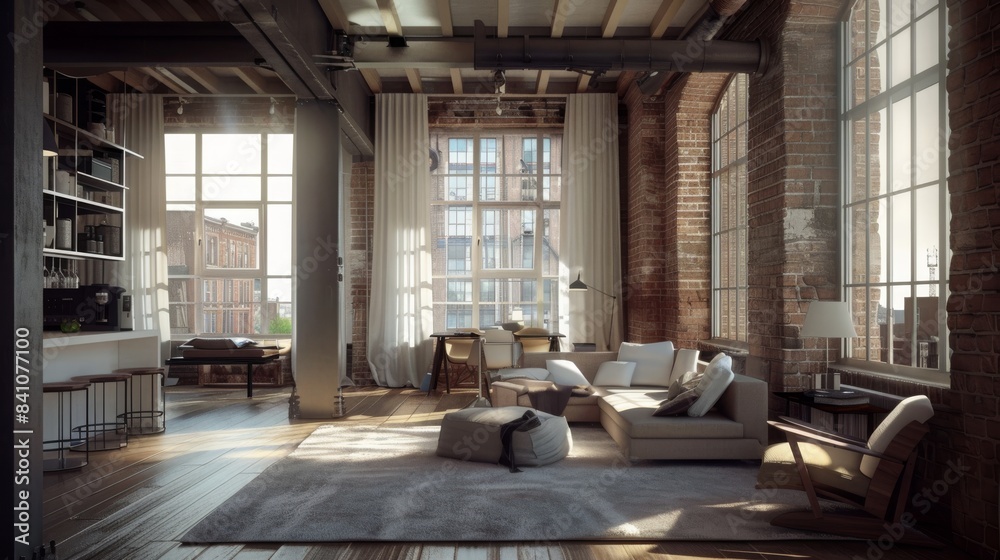 Chic loft living area that blends industrial design with modern comfort and natural lighting. Spacious loft living room with industrial large windows, combination of rustic wooden and modern furniture Chic loft living area that blends industrial design with modern comfort and natural lighting. Spacious loft living room with industrial large windows, combination of rustic wooden and modern furniture