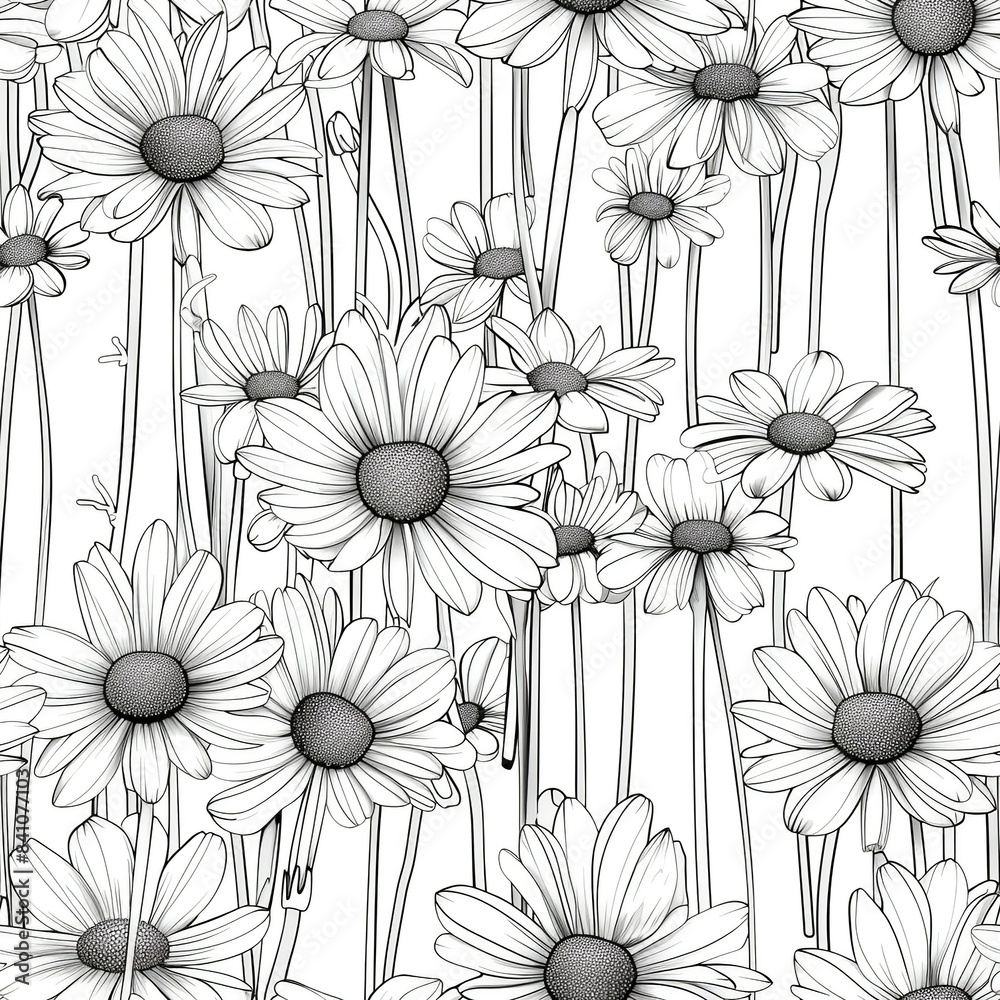 A line art depiction of a field of daisies, with each flower and its delicate petals uniquely rendered to create a sense of depth and movement. Minimal pattern banner wallpaper, simple background, A line art depiction of a field of daisies, with each flower and its delicate petals uniquely rendered to create a sense of depth and movement. Minimal pattern banner wallpaper, simple background,