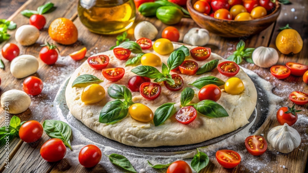 Freshly kneaded dough on a floured surface, topped with an assortment of colorful ingredients, including vibrant tomatoes, melted mozzarella, and fragrant basil leaves. Freshly kneaded dough on a floured surface, topped with an assortment of colorful ingredients, including vibrant tomatoes, melted mozzarella, and fragrant basil leaves.