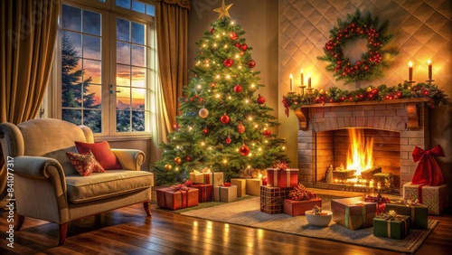 Warmly lit festive living room with decorated christmas tree  wrapped gifts  and crackling fireplace  evoking a cozy winter evening atmosphere.