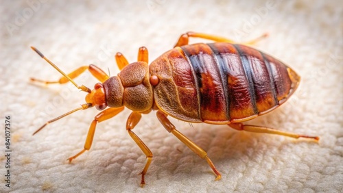 Macro shot of a single bed bug cimex lectularius on a light-colored background, showcasing its distinctive flat oval body with reddish-brown color and six legs. photo