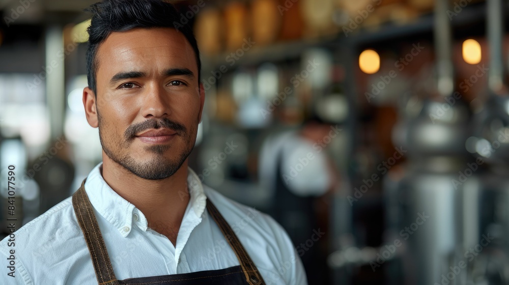 Fototapeta premium Confident Hispanic male barista in a blue shirt with a leather apron posing in a modern cafe