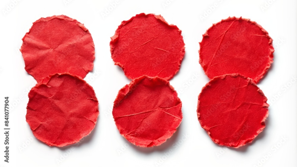 Four worn, torn, and creased circular stickers with a bold red color and rough edges, scattered on a clean white background, conveying a sense of neglect. Four worn, torn, and creased circular stickers with a bold red color and rough edges, scattered on a clean white background, conveying a sense of neglect.
