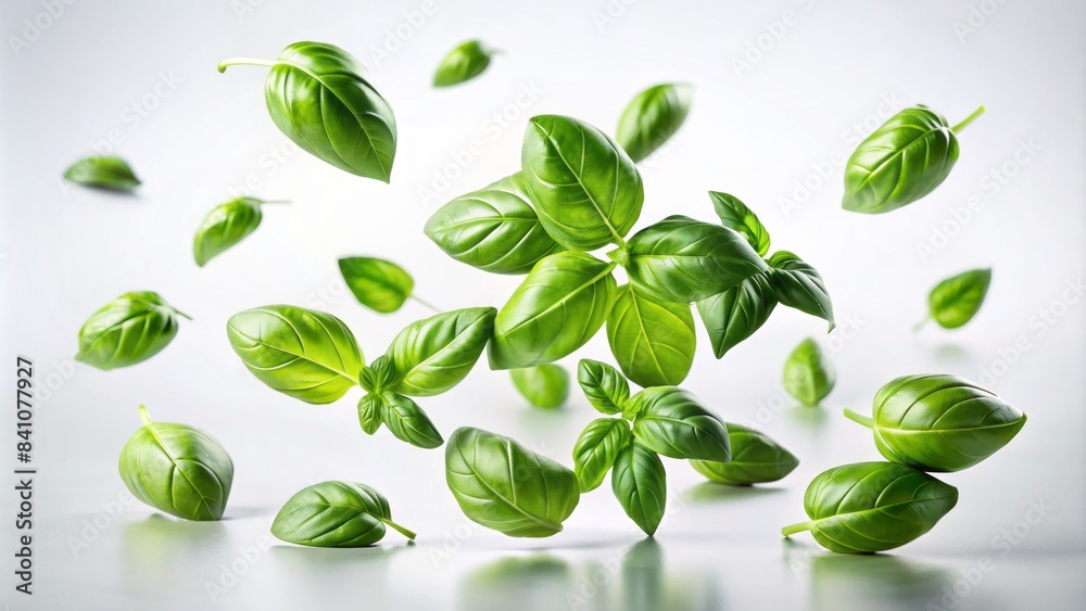 Fresh green basil leaves appear to defy gravity, suspended in mid-air against a pristine white background, evoking a sense of whimsy and culinary wonder. Fresh green basil leaves appear to defy gravity, suspended in mid-air against a pristine white background, evoking a sense of whimsy and culinary wonder.