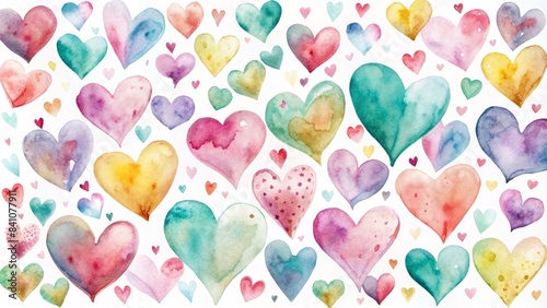 Delicate, whimsical watercolor hearts in soft hues and bold brushstrokes scattered beautifully on a pristine white background, exuding love and romance for valentine's day. photo