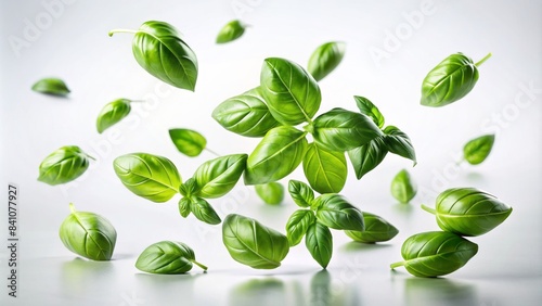 Fresh green basil leaves appear to defy gravity, suspended in mid-air against a pristine white background, evoking a sense of whimsy and culinary wonder. photo