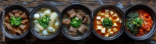 A variety of delicious Korean stews in traditional pottery bowls. photo