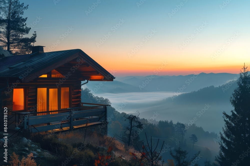 Fototapeta premium Mountain retreat with panoramic views, concept nature immersion, copy space, rustic theme, dynamic, Silhouette, mountain view backdrop