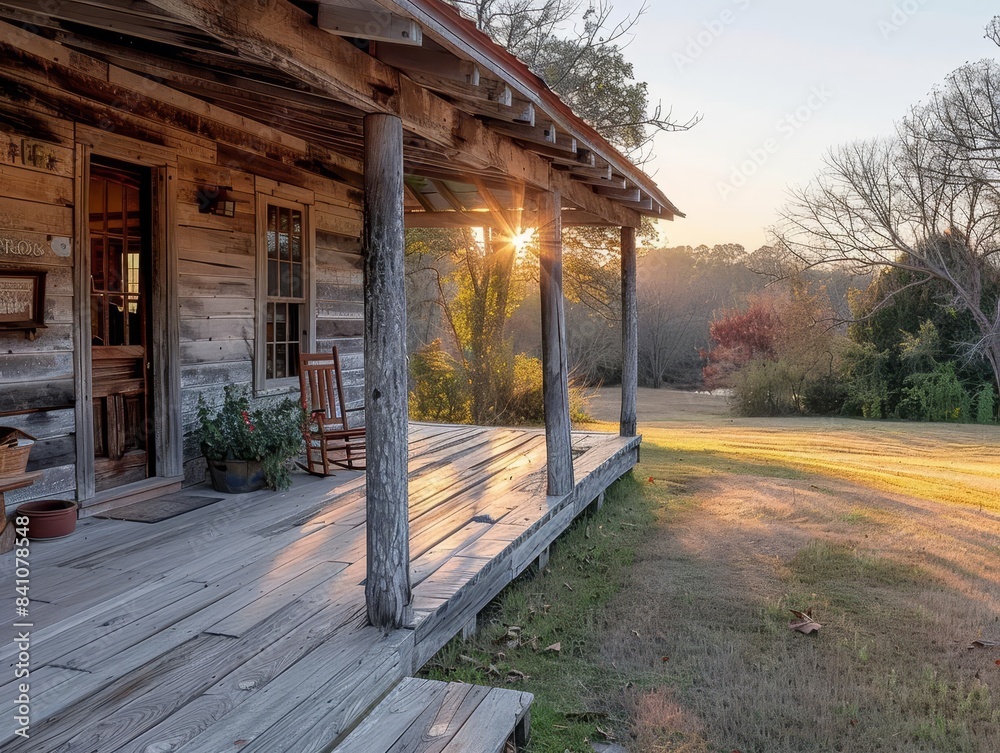 Rustic farmhouse with wraparound porch, concept country charm, selective focus, rural theme, ethereal, Blend mode, wooden porch backdrop