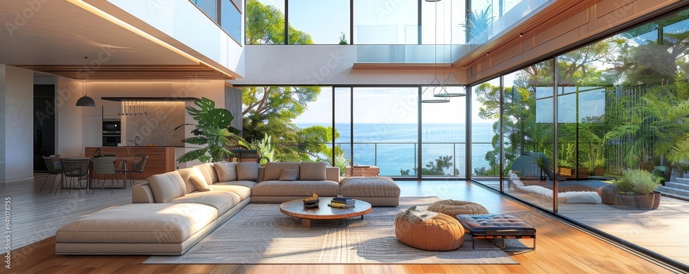 Fototapeta premium Contemporary home with floortoceiling windows, concept modern elegance, copy space, contemporary theme, dynamic, Manipulation, floortoceiling windows backdrop