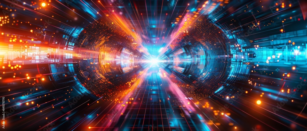 Fototapeta premium Vibrant digital abstract art depicting a futuristic technology concept with colorful lights and dynamic motion effects.