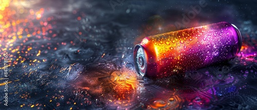 Vibrant energy drink can with water droplets lying on a wet surface in a vivid digital rendering, evoking a sense of freshness and dynamism. photo