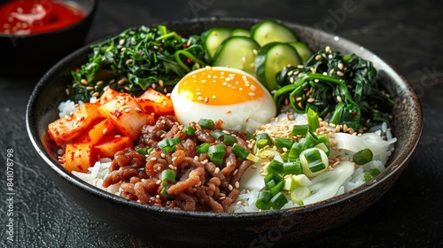 Korean food. Bibimbap with beef, egg, spinach and cucumber. photo
