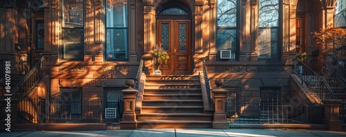 Historic brownstone with classic details, concept urban elegance, copy space, historical theme, surreal, Silhouette, brownstone facade backdrop