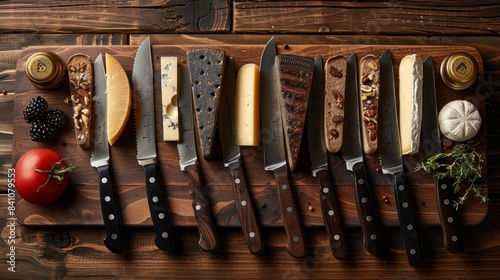 The photo shows a variety of kitchen knives and other cooking utensils arranged on a wooden table photo
