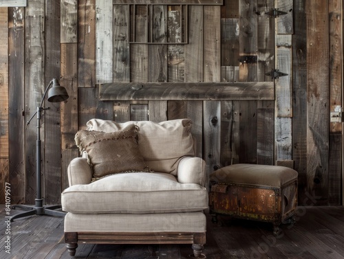 Rustic living room with a cozy armchair and ottoman. The perfect place to relax and unwind. photo