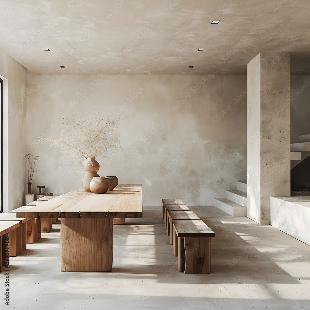 Obraz premium Minimalist Wooden Furniture in Spacious Modern Interior with Natural Decor
