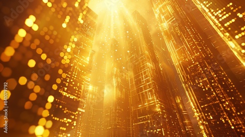 Futuristic glowing cityscape with golden light beams and digital skyscrapers, representing modern technology and innovation.