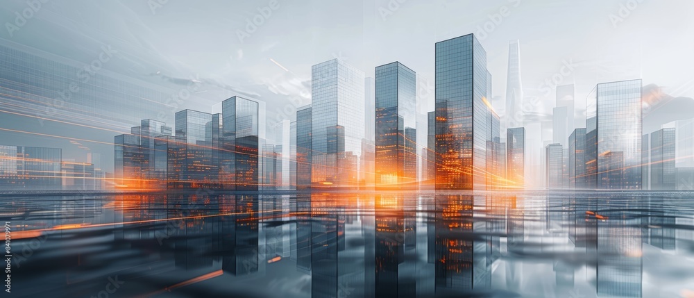 Futuristic cityscape featuring modern skyscrapers with dynamic, abstract reflections and vibrant glowing orange lights at sunset.