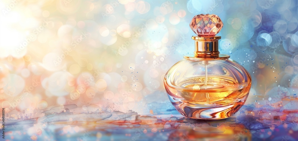 Elegant perfume bottle with golden liquid, surrounded by a dreamy, colorful bokeh background, exuding luxury and sophistication. Elegant perfume bottle with golden liquid, surrounded by a dreamy, colorful bokeh background, exuding luxury and sophistication.