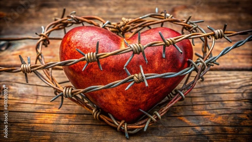 A solitary, weathered heart, ensnared by twisted, rusted barbed wire, symbolizing the fragile, wounded nature of love and the protective barriers we create.