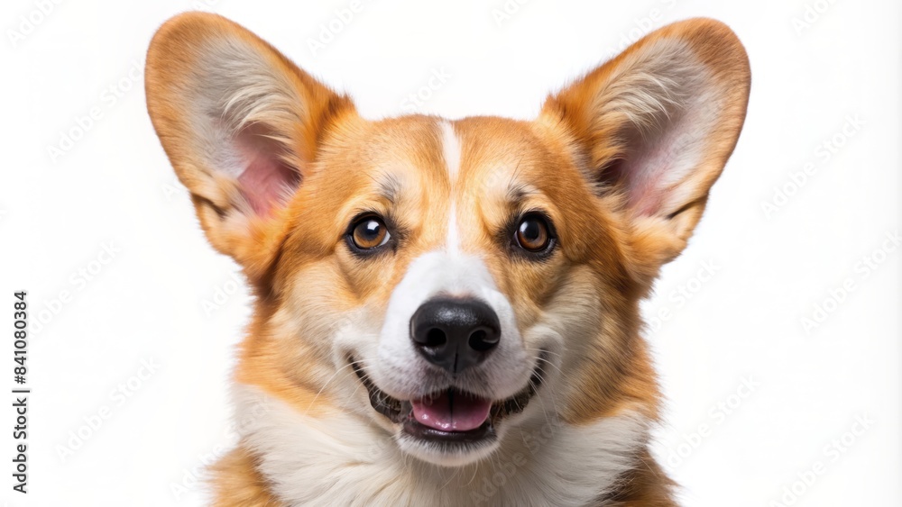 Friendly welsh corgi dog's head isolated on a clean white background, showcasing its distinctive short stature, floppy ears, and adorable facial expression. Friendly welsh corgi dog's head isolated on a clean white background, showcasing its distinctive short stature, floppy ears, and adorable facial expression.