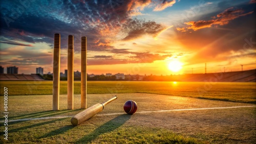 empty cricket pitch at sunset with a cricket bat and ball in the foreground, cricket stumps and bails waiting for the next shot. photo
