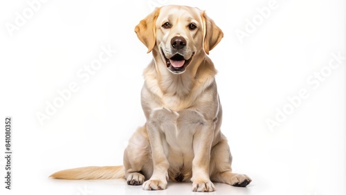 Adorable friendly labrador retriever dog sitting isolated on transparent background with floppy ears and wagging tail conveying innocence and playfulness awaiting interaction. photo