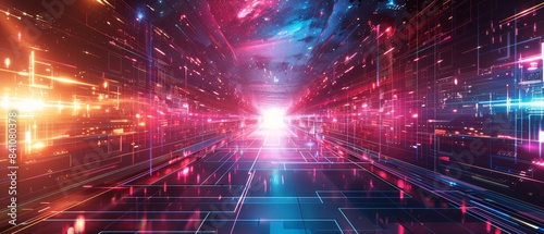 Dynamic colorful futuristic abstract background featuring vibrant lights and digital patterns in a high-tech virtual space.