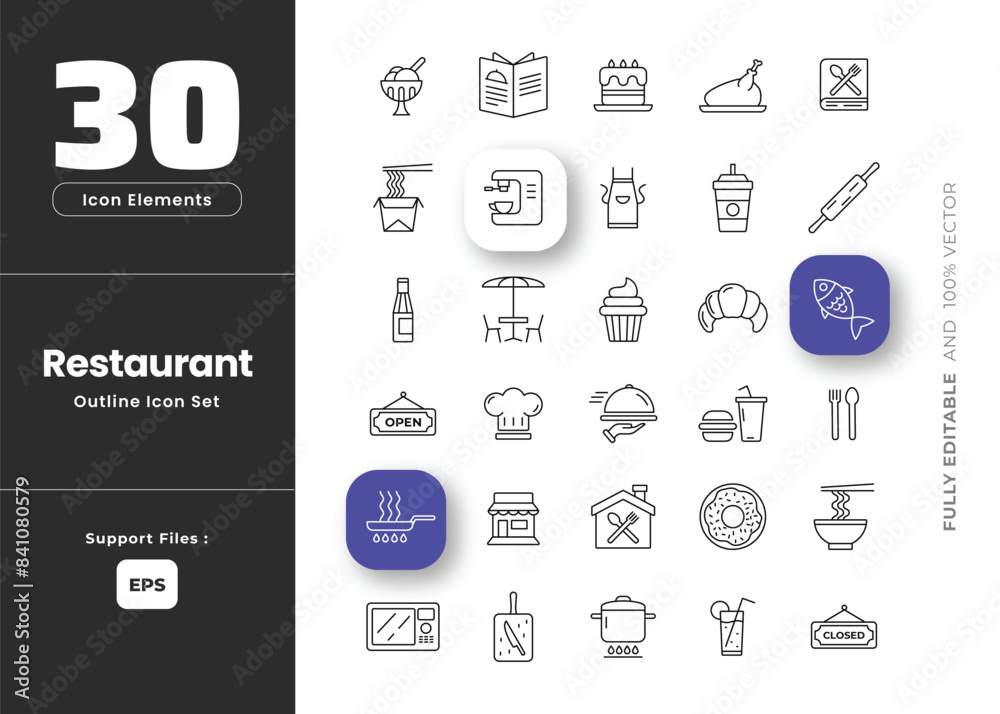 Set of restaurant outline icon set, related to food, chef hat, alcohol, seafood, lunch, continental breakfast in hotel, cafe dessert, coffee, steak, waiter, vector illustration Set of restaurant outline icon set, related to food, chef hat, alcohol, seafood, lunch, continental breakfast in hotel, cafe dessert, coffee, steak, waiter, vector illustration
