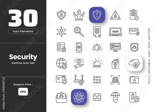 Set of security outline icon set, related to Cyber lock, unlock, password. Guard, shield, home security system icons. Data protection symbol. Secured network, technology concept collection.