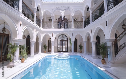 A large indoor pool with arches and columns with palm trees
