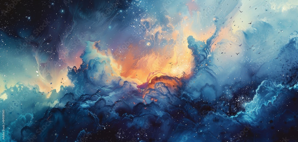 Abstract artistic painting of a cosmic, swirling nebula with vibrant blue and orange tones, evoking a sense of wonder and vast space. Abstract artistic painting of a cosmic, swirling nebula with vibrant blue and orange tones, evoking a sense of wonder and vast space.